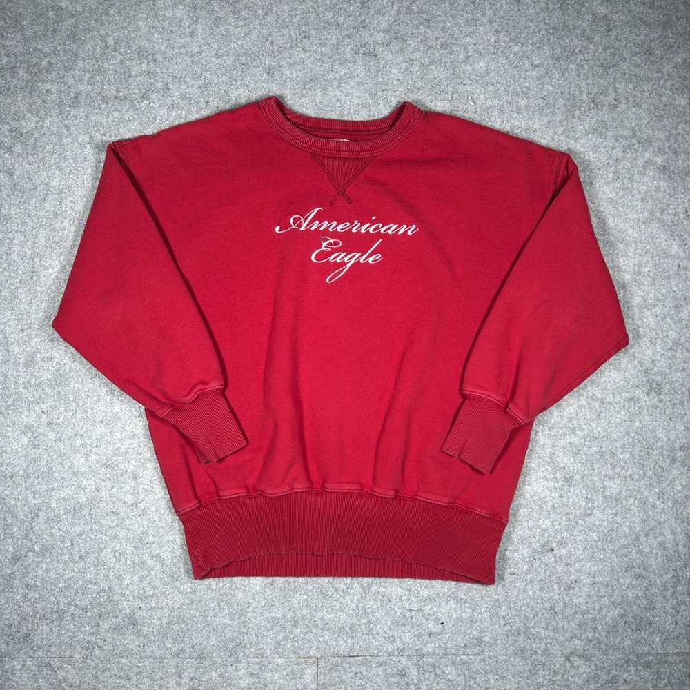 American Eagle Sweatshirt Women XS Red Script Logo Oversized Crewneck Pullover